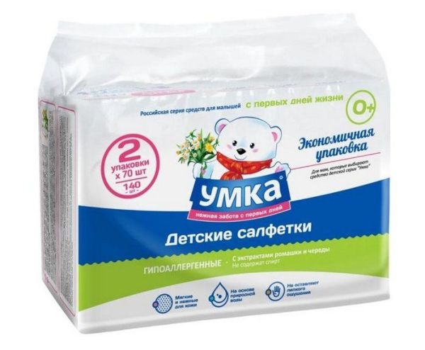 Изображение товара Салфетки влажные детские без спирта Умка экстракт ромашки и череды дуо-пак №70*2 шт Салфетки влажные детские без спирта Умка экстракт ромашки и череды дуо-пак №70*2 шт фотография